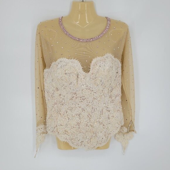 Sequin pearl beaded rhinestone accented boning ice skater bridal semi sheer lace - Picture 13 of 13